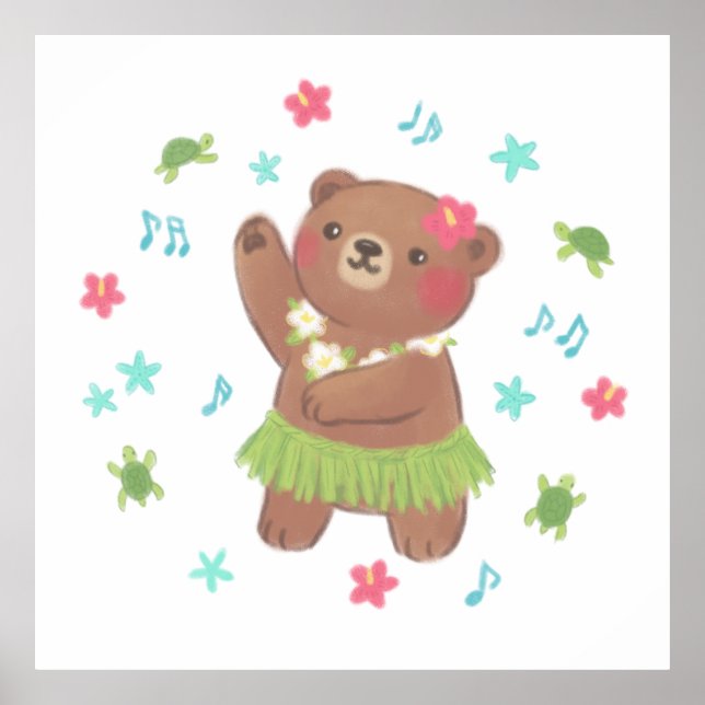 Teddy Bear in Hawaii Illustration Poster (Front)