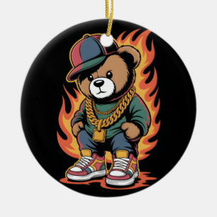 Teddy Bear in Hip-Hop Style with Gold Chains Ceramic Ornament