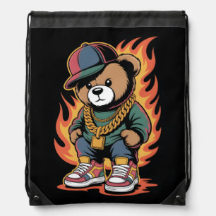Teddy Bear in Hip-Hop Style with Gold Chains Drawstring Bag