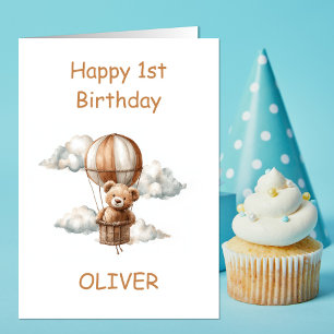 Teddy Bear in Hot Air Balloon 1st Birthday Card