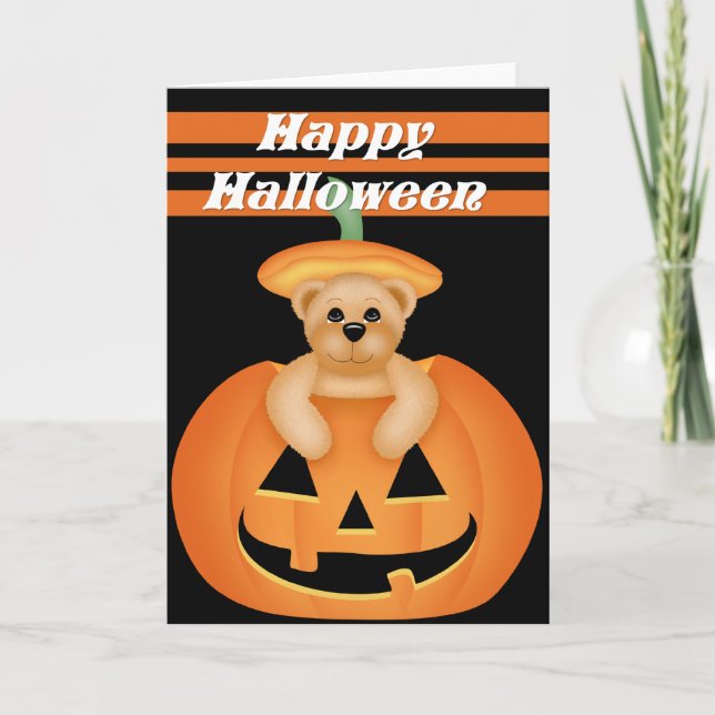 Teddy Bear in Pumpkin Happy Halloween Card (Front)