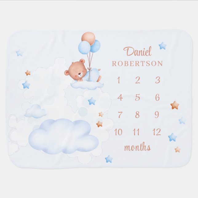 Teddy Bear in the Blue Sky Baby Milestone Blanket (Horizontal)