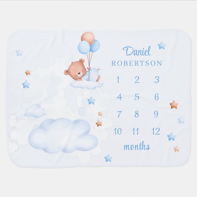 Teddy Bear in the Blue Sky Baby Milestone Blanket (Horizontal)