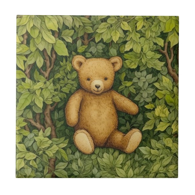 Teddy bear in the forest art nouveau style ceramic tile (Front)