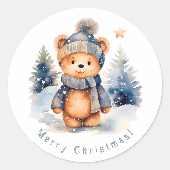 Teddy bear in the forest, personalized classic round sticker (Front)