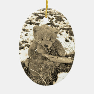 Teddy Bear in the Holly,Sepia tone Ceramic Ornament