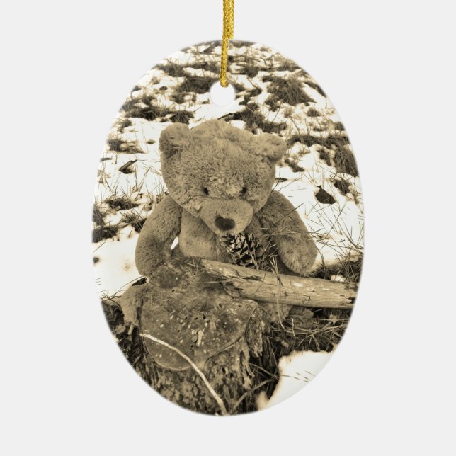 Teddy Bear in the Holly,Sepia tone Ceramic Ornament (Front)