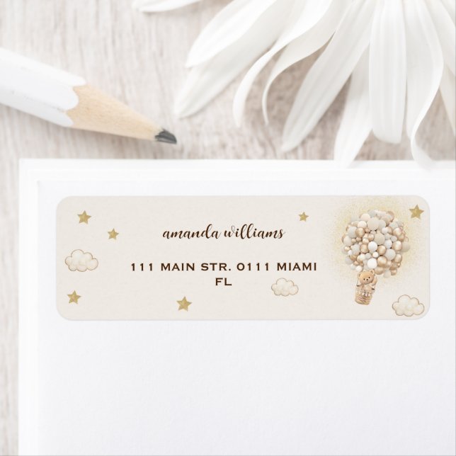 Teddy bear in the hot air balloons gender neutral  label (Insitu)