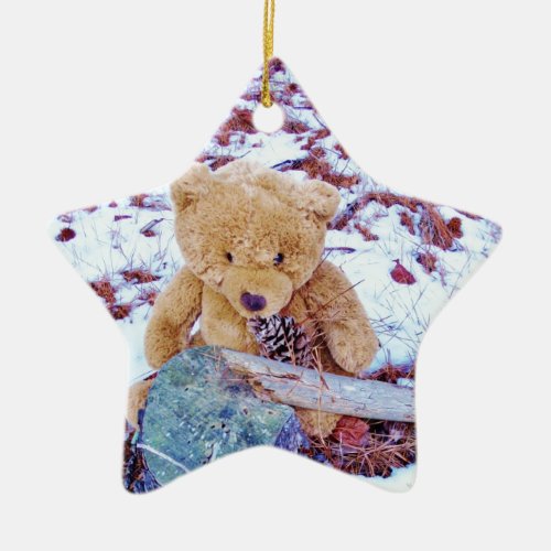 Teddy Bear in the Snow denim blue tint Ceramic Ornament