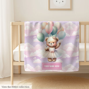 Teddy bear in tutu dress and balloons baby shower blanket