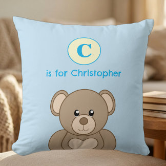 Teddy bear initial name kids blue throw pillow