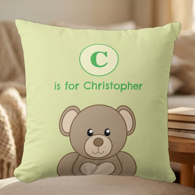 Teddy bear initial name kids green throw pillow (Creator Uploaded)