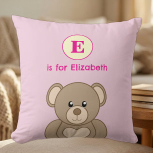 Teddy bear initial name kids pink throw pillow