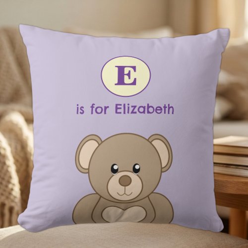 Teddy bear initial name kids purple throw pillow