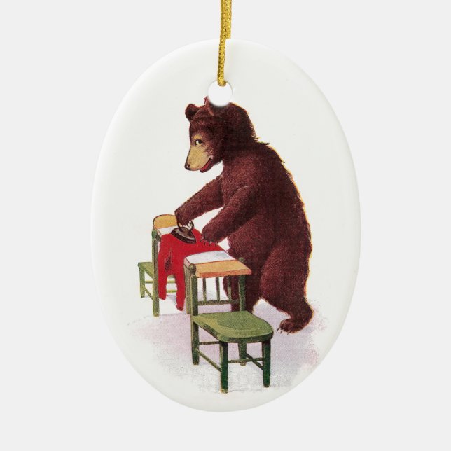 Teddy Bear Ironing Clothes Ceramic Ornament (Front)
