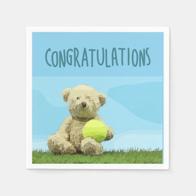 Teddy bear is holding tennis ball Congratulations Napkins (Front)
