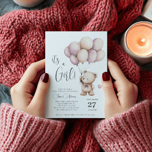 Teddy Bear Its a Girl Purple Beige Balloons Invitation