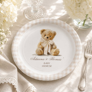 Teddy Bear Ivory Beige Gingham Baby Shower Paper Plates