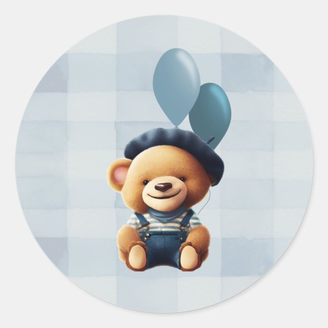 Teddy Bear Jean Baby Shower Blue Classic Round Sticker (Front)