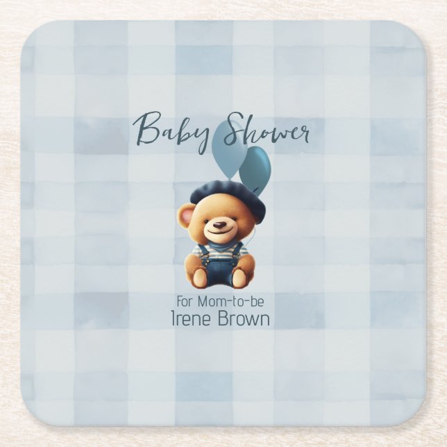 Teddy Bear Jean Baby Shower Blue Square Paper Coaster (Front)