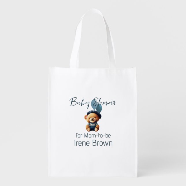 Teddy Bear Jean Baby Shower Reusable Grocery Bag (Front)