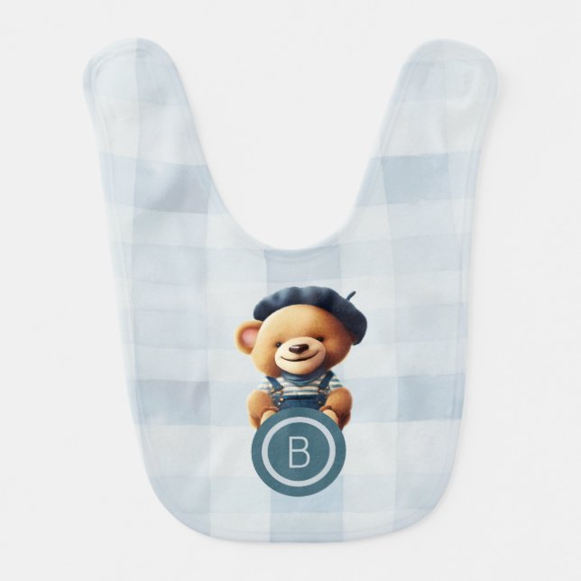 Teddy Bear Jean Monogram Baby Bib (Front)