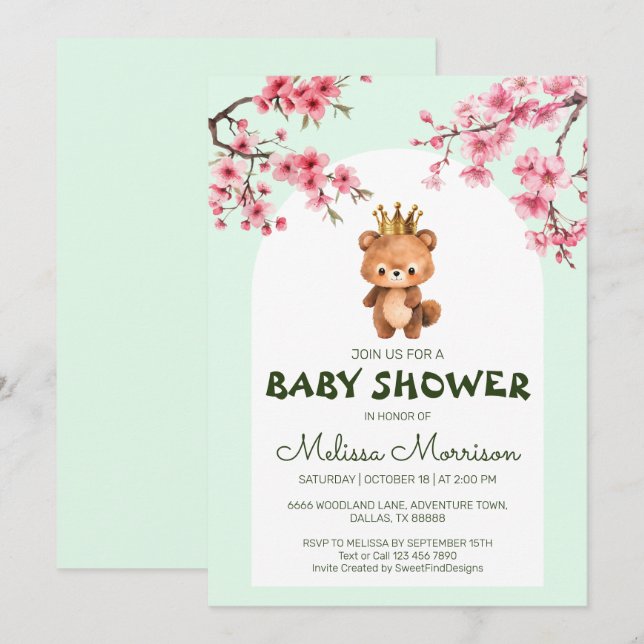 Teddy Bear King Sakura Baby Boy Shower Invitation (Front/Back)
