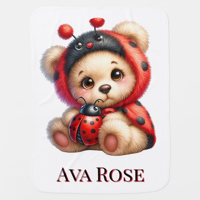 Teddy Bear Ladybug Stripes Girl Baby Shower Baby Blanket (Front)