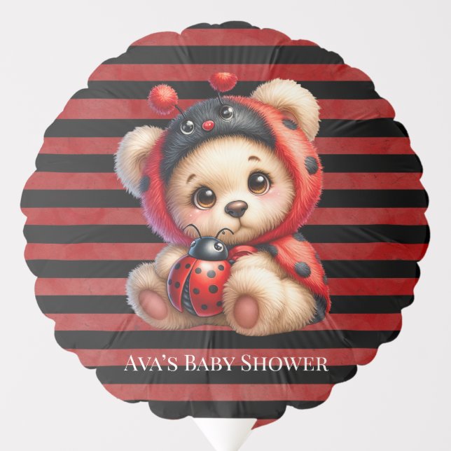 Teddy Bear Ladybug Stripes Girl Baby Shower Balloon (Front)