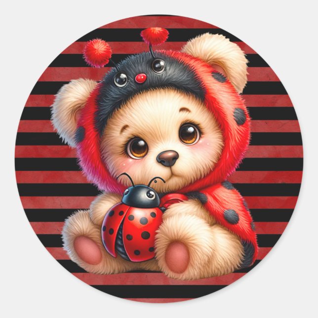 Teddy Bear Ladybug Stripes Girl Baby Shower Classic Round Sticker (Front)