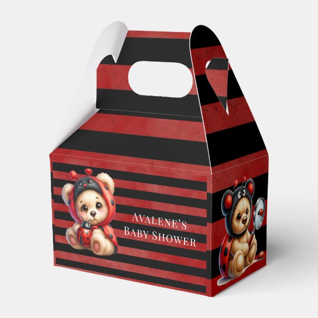 Teddy Bear Ladybug Stripes Girl Baby Shower Favor Boxes (Front Side)