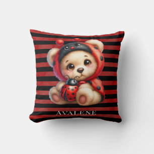Teddy Bear Ladybug Stripes Girl Baby Shower Gift Throw Pillow
