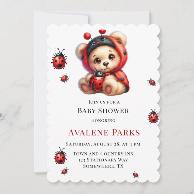 Teddy Bear Ladybug Stripes Girl Baby Shower  Invitation (Front)