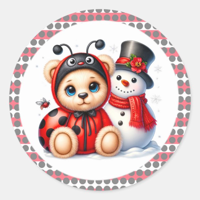 Teddy Bear Ladybug with Snowman Baby Shower Classic Round Sticker (Front)