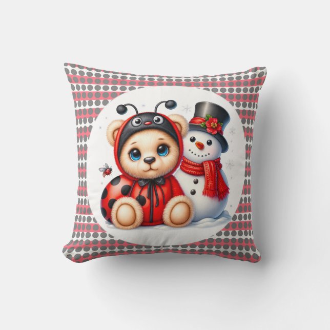 Teddy Bear Ladybug with Snowman Baby Shower Gift Throw Pillow (Front)