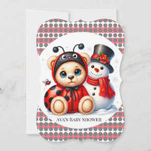 Teddy Bear Ladybug with Snowman Baby Shower Invitation