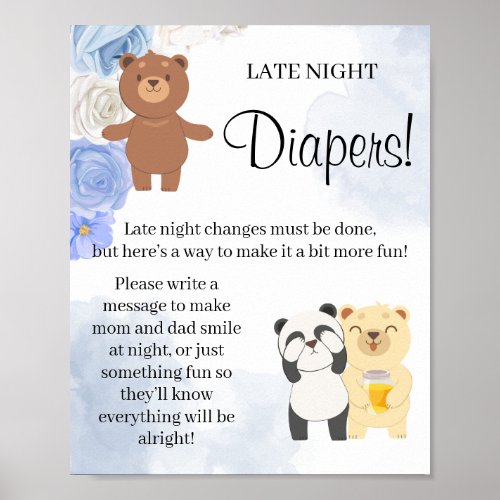Teddy Bear Late Night Diaper Baby shower game sign
