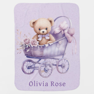 Teddy Bear Lavender Carriage Girl Baby Shower Blanket