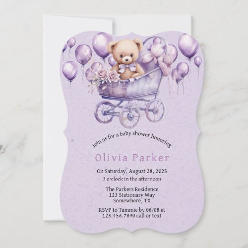 Teddy Bear Lavender Carriage Girl Baby Shower Invitation