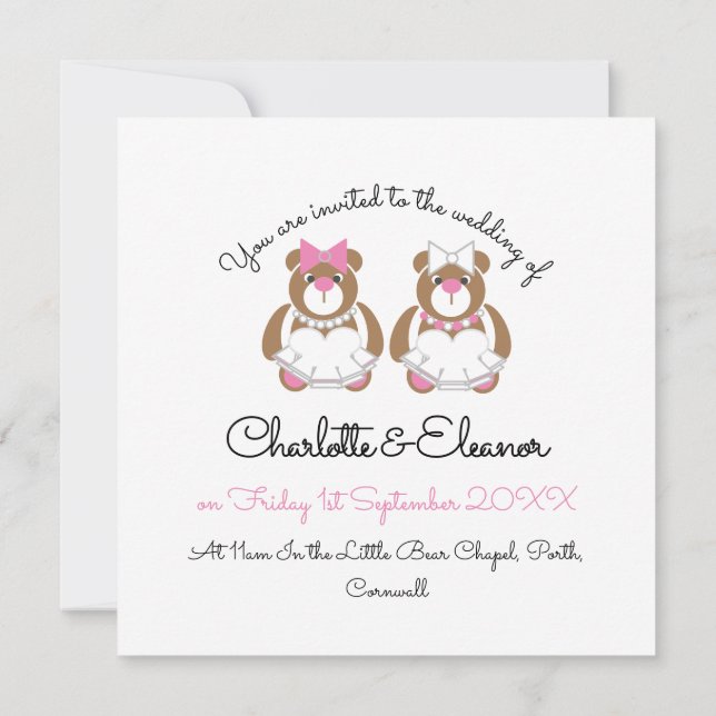 Teddy bear lesbian wedding cute white invitation (Back)