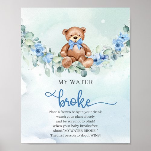 Teddy bear light blue floral My Water Broke game Poster