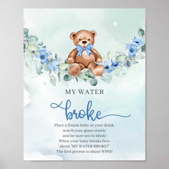 Teddy bear light blue floral My Water Broke game Poster (Front)