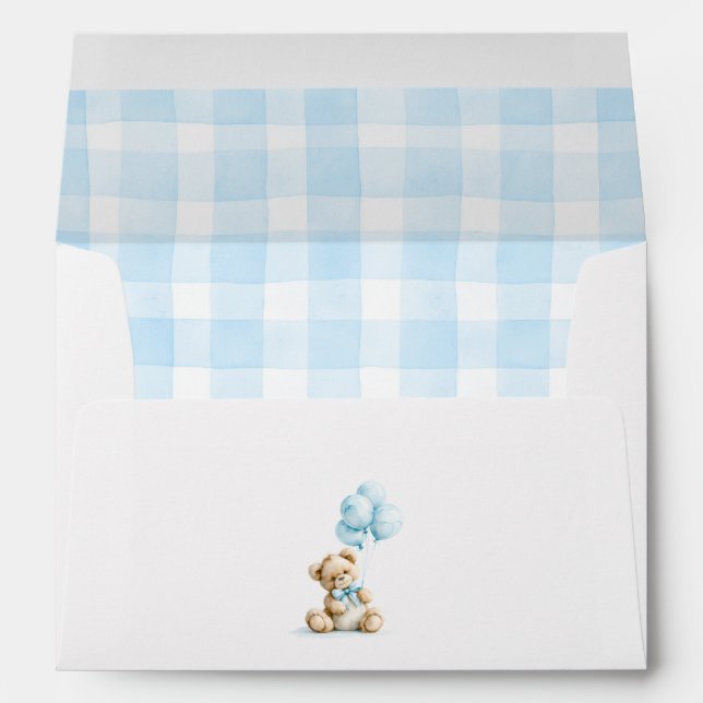 Teddy Bear Light Blue Gingham Check Pattern Envelope (Back (Bottom))