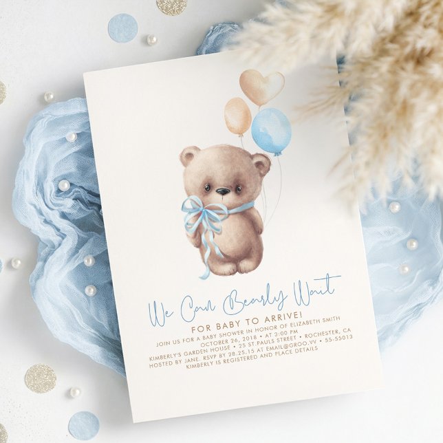 Teddy Bear Light Brown and Blue Boy Baby Shower Invitation (We Can Bearly Wait - Dusty Blue and Beige Elegant Cute Baby Boy Baby Shower Invitation)