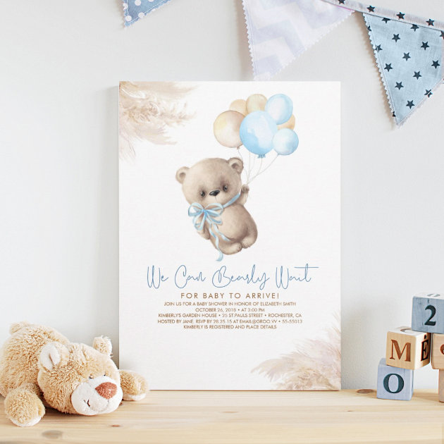 Teddy Bear Light Brown and Blue Boy Baby Shower Invitation | Zazzle