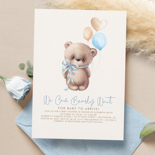 Teddy Bear Light Brown and Blue Boy Baby Shower Invitation