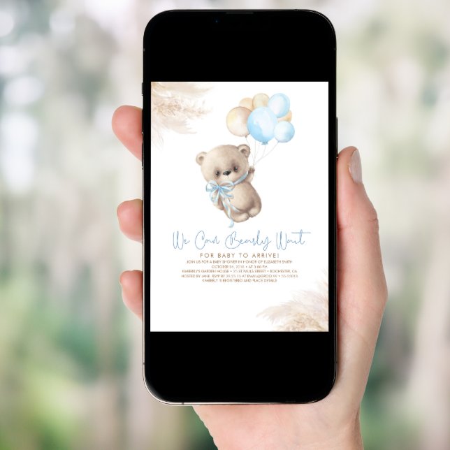 Teddy Bear Light Brown and Blue Boy Baby Shower Invitation (Front Digital)