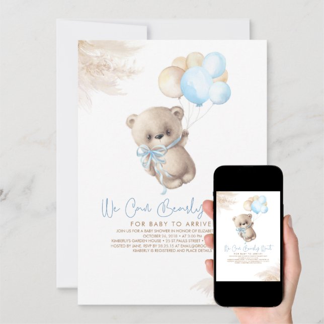 Teddy Bear Light Brown and Blue Boy Baby Shower Invitation