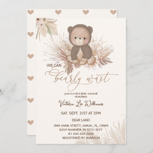 Teddy Bear Light Brown Baby Shower Neutral Pampas Invitation