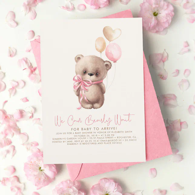 Teddy Bear Light Brown Pink Girl Baby Shower Invitation | Zazzle